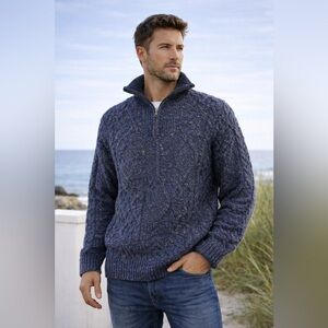 Aran Crafts Irish Wool Cable knit quarter zip Cozy Blue Sweater Men’s Small
